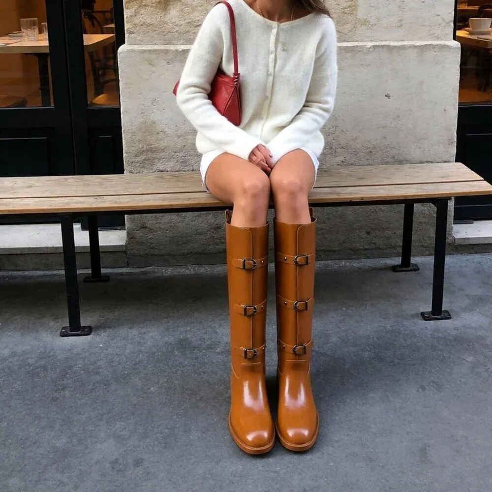 Women's C-brown Round Toe Wide Calf Chunky Low Heel Pull Knee High Boots Rubber